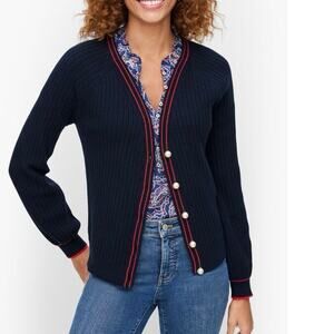 NWT Talbots V-Neck Cardigan Tipped Navy/Red Sz Petite Small